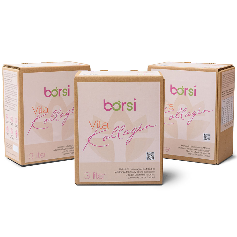 Borsi Vita Kollagén 3 literes Bag-in-Box és kitöltött ital pohárban